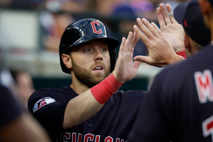 Aug 9, 2022; Detroit, Michigan, USA; Cleveland Guardians first baseman Owen Miller (6) receives congratulations from teammates after scoring in the fifth inning against the Detroit Tigers at Comerica Park. Mandatory Credit: Rick Osentoski-USA TODAY Sports